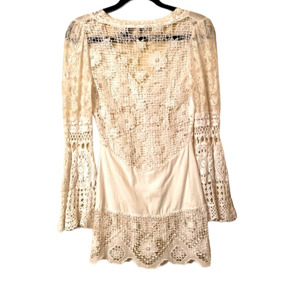 Floral Crocheted Creamy White Mini Dress Bell Sleeves. Coastal Gramma - Picture 1 of 11